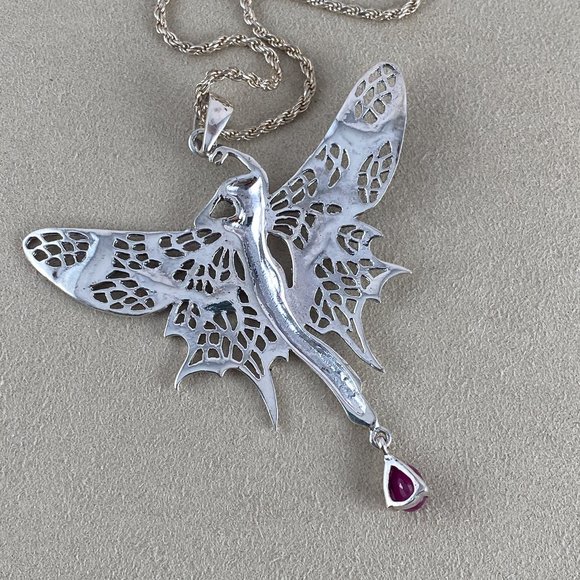 Whimsical Sterling Silver Faerie (Fairy) with Blood Red Ruby Drop Necklace - Picture 7 of 8